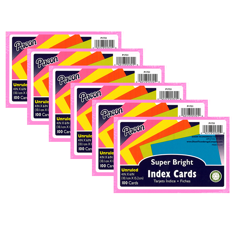 Index Cards, 5 Super Bright Assorted Colors, Unruled, 4" x 6", 100 Cards Per Pack, 6 Packs