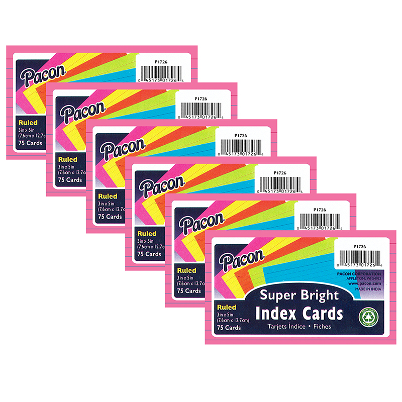 Index Cards, 5 Super Bright Assorted Colors, 0.25" Ruled, 3" x 5", 75 Cards Per Pack, 6 Packs