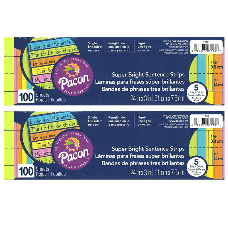 Sentence Strips, Assorted 5 Colors, 1-1/2" Ruled 3" x 24", 100 Strips Per Pack, 2 Packs