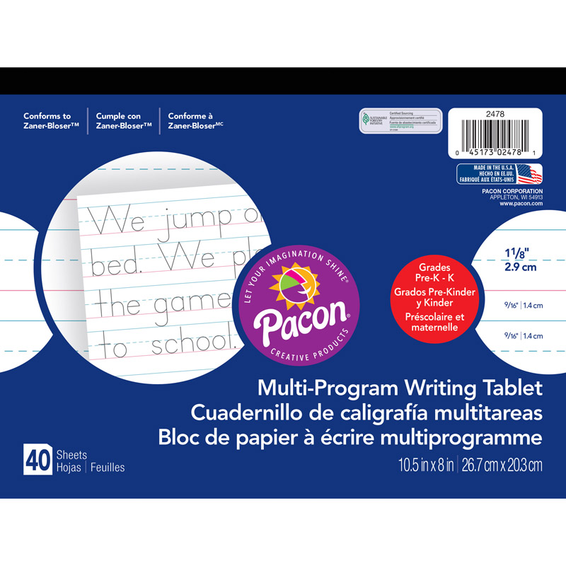 Multi-Program Handwriting Tablet, Zaner-Bloser, 1-1/8" x 9/16" x 9/16" Ruled Long, 10-1/2" x 8", 40 Sheets