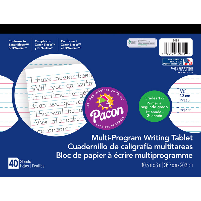 Multi-Program Handwriting Tablet, D'Nealian/Zaner-Bloser, 1/2" x 1/4" x 1/4" Ruled Long, 10-1/2" x 8", 40 Sheets