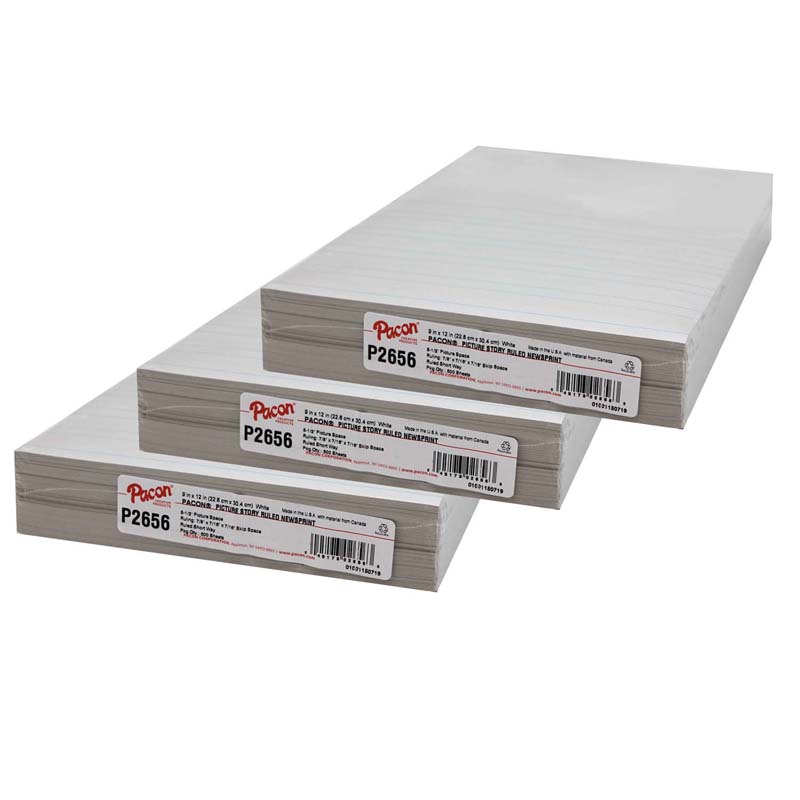 Newsprint Handwriting Paper, Picture Story, 7/8" x 7/16" x 7/16" Ruled Short, 9" x 12", 500 Sheets Per Pack, 3 Packs