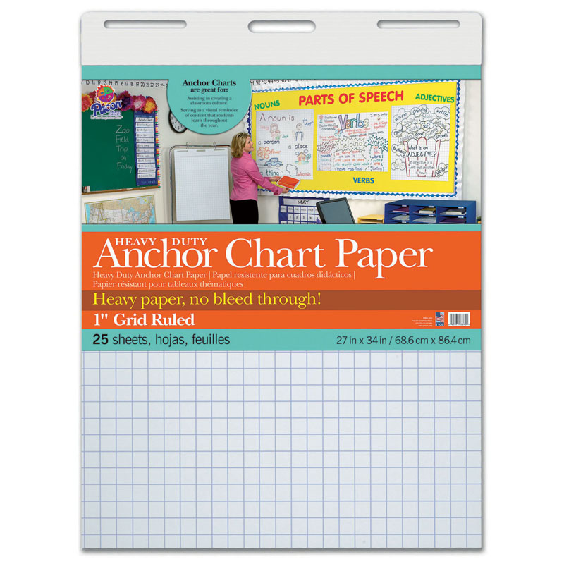 Heavy Duty Anchor Chart Paper, Non-Adhesive, White, 1" Grid Ruled 27" x 34", 25 Sheets