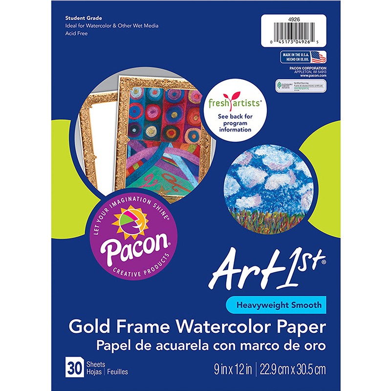 Watercolor Paper, Gold Frame, 9" x 12", 30 Sheets