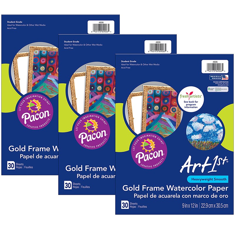 Watercolor Paper, Gold Frame, 9" x 12", 30 Sheets Per Pack, 3 Packs