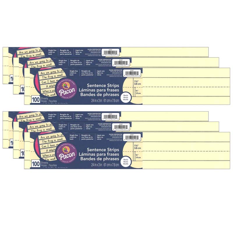 Sentence Strips, Manila, 3" x 24", 100 Strips Per Pack, 6 Packs