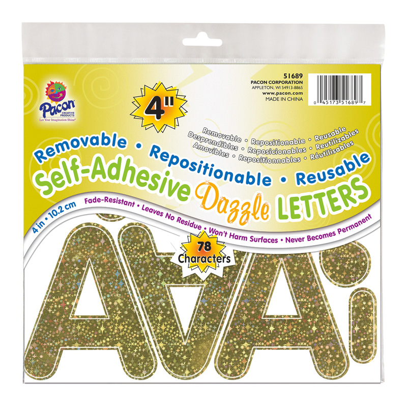 Self-Adhesive Letters, Gold Dazzle, Puffy Font, 4", 78 Characters