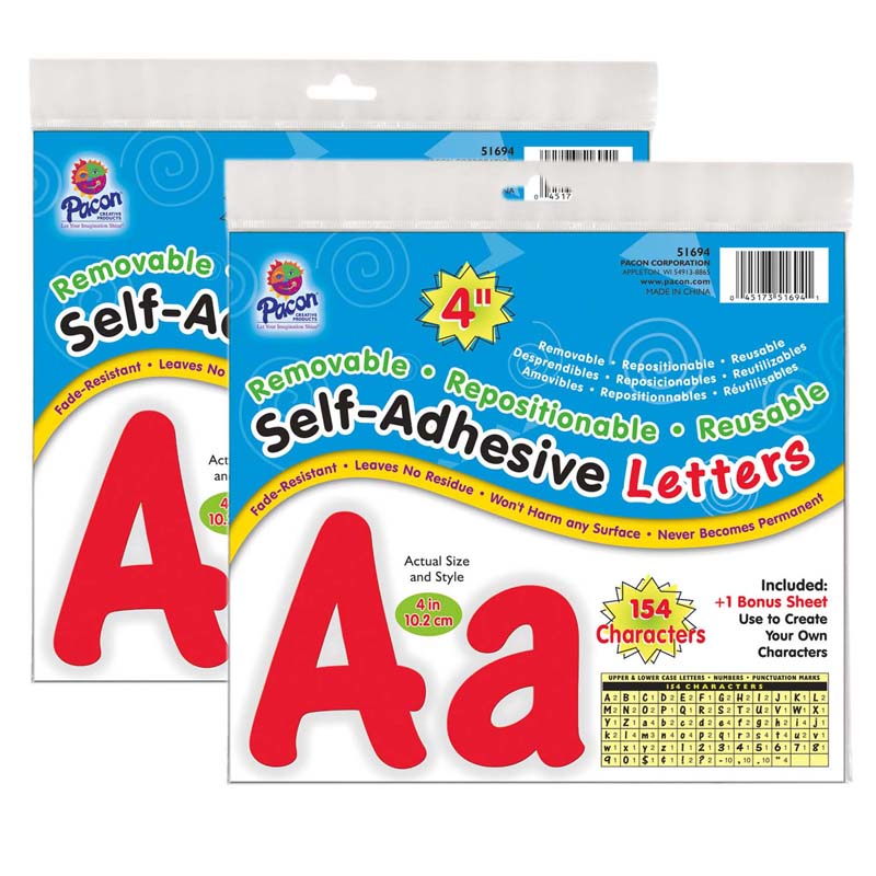 Self-Adhesive Letters, Red, Cheery Font, 4", 154 Per Pack, 2 Packs