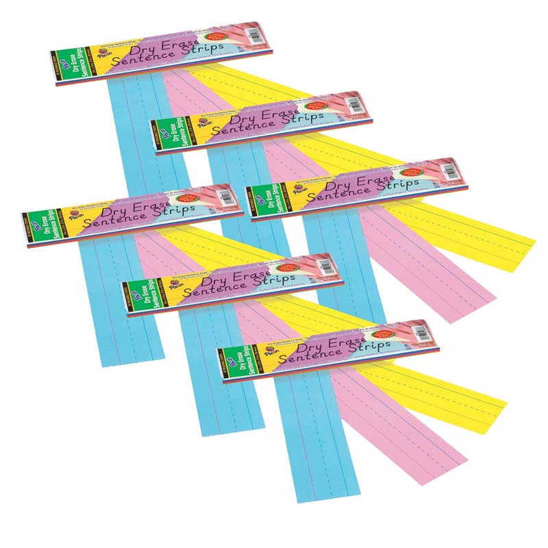 Dry Erase Sentence Strips, 3 Assorted Colors, 1-1/2" X 3/4" Ruled, 3" x 12", 30 Per Pack, 6 Packs
