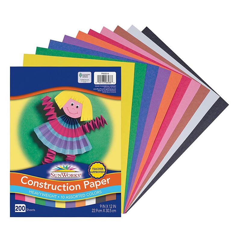 Construction Paper, 10 Assorted Colors, 9" x 12", 200 Sheets