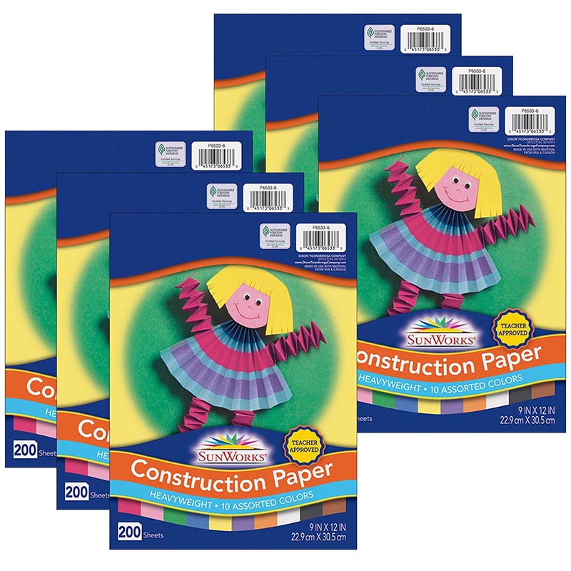 Construction Paper, 10 Assorted Colors, 9" x 12", 200 Sheets Per Pack, 6 Packs