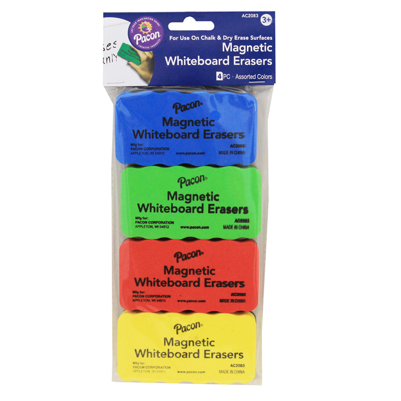 Magnetic Chalk & Whiteboard Eraser, 4 Assorted Colors, 2-1/4" x 4-1/4", 4 Erasers