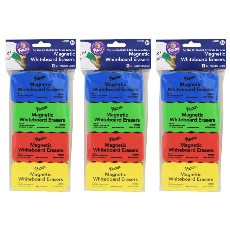 Magnetic Chalk & Whiteboard Eraser, 4 Assorted Colors, 2.25" x 4.25", 4 Erasers Per Pack, 3 Packs