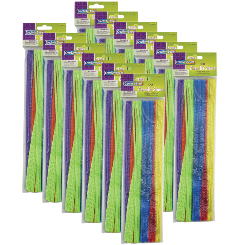 Regular Stems, Assorted Hot Colors, 12" x 4 mm, 100 Per Pack, 12 Packs