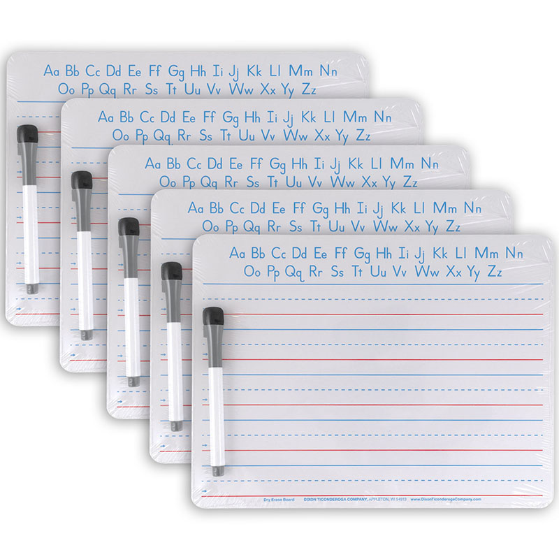 Handwriting Whiteboard Dry Erase Set, 2-Sided, Ruled/Plain, with Marker/Eraser, 9" x 12", 5 Sets