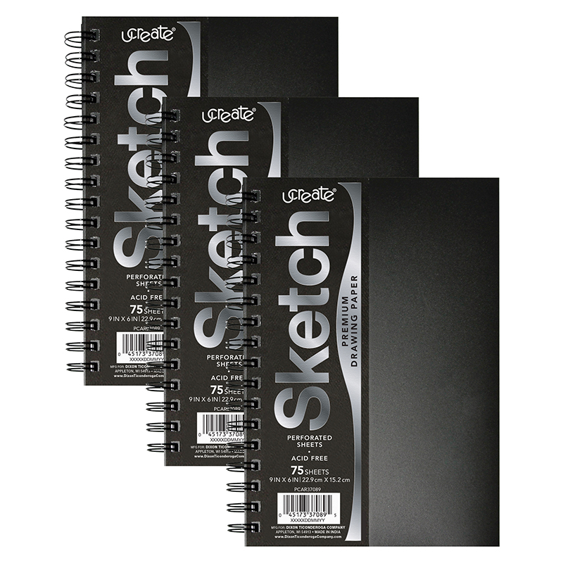 Poly Cover Sketch Book, Heavyweight, 9" x 6", 75 Sheets, Pack of 3