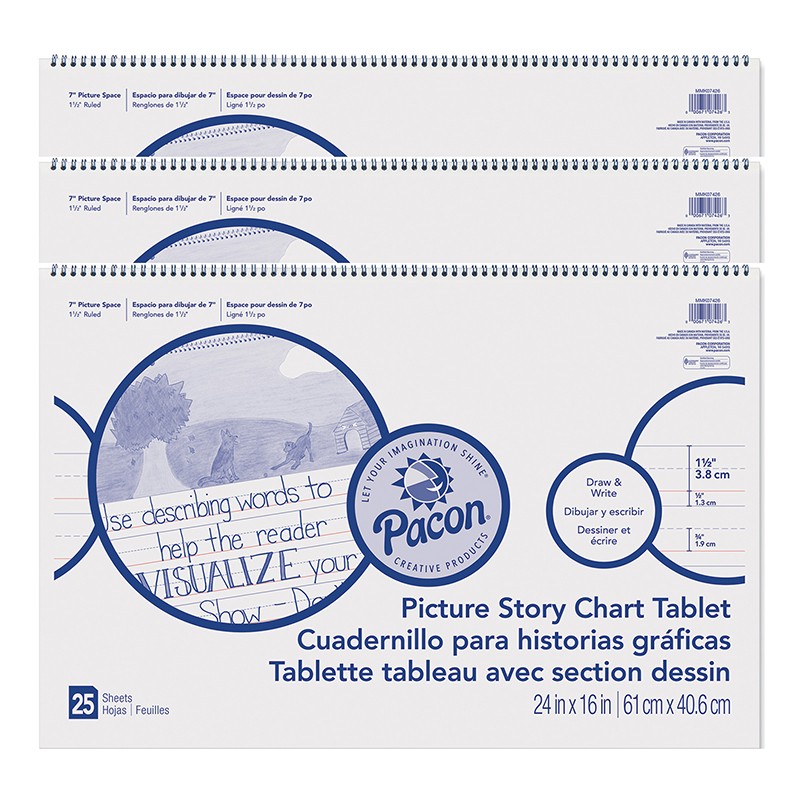 Picture Story Chart Tablet, White, Ruled Long, 1-1/2" Ruled, 24" x 16", 25 Sheets, Pack of 3