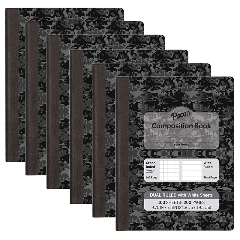 Dual Ruled Composition Book, Dark Gray Marble, 1/4" Grid & 3/8" Wide Ruled, 9-3/4" x 7-1/2", 100 Sheets, Pack of 6