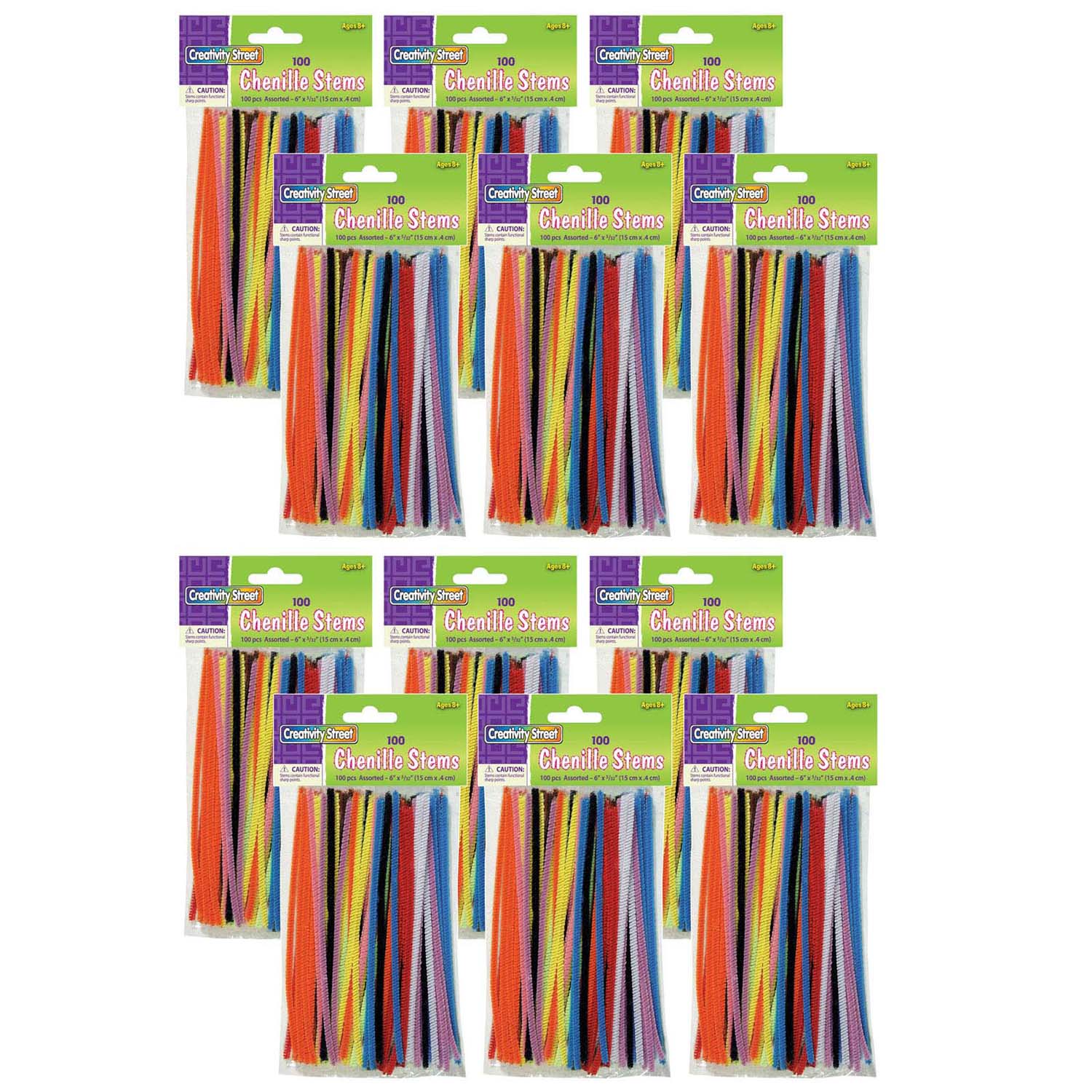 Regular Stems, Assorted Colors, 6" x 4 mm, 100 Count Per Pack, 12 Packs