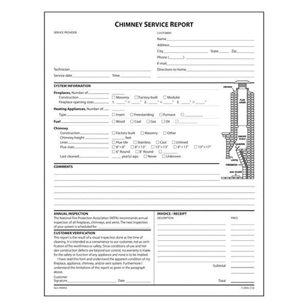 Chimney Service Report (No Check Off Boxes), Pack Of 100 Triplicate Forms