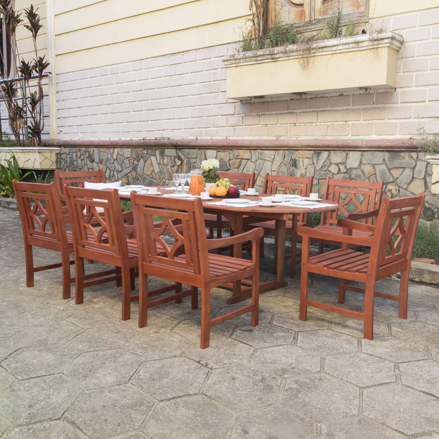 Malibu Outdoor 9-piece Wood Patio Extendable Table Dining Set