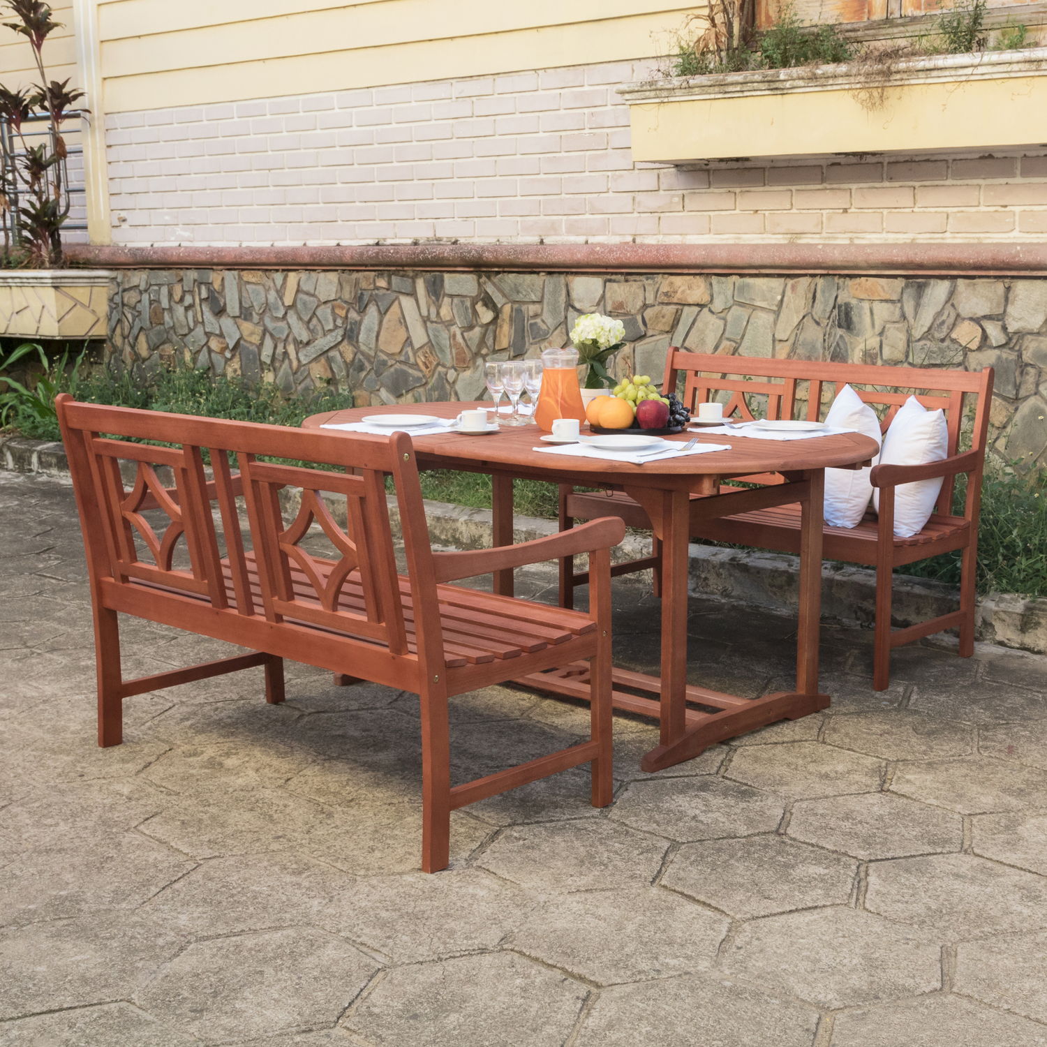 Malibu Outdoor 3-piece Wood Patio Extendable Table Dining Set