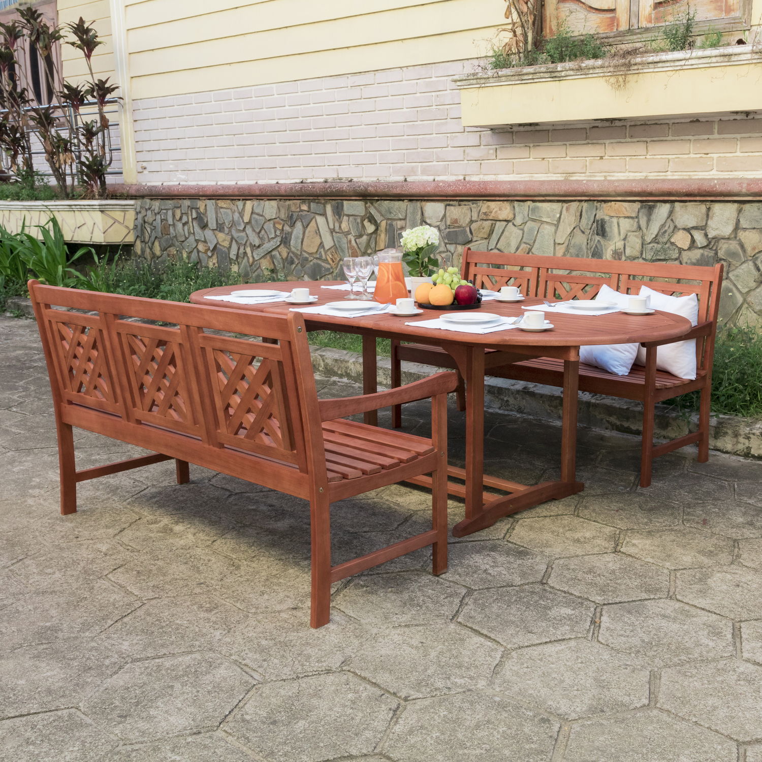 Malibu Outdoor 3-piece Wood Patio Extendable Table Dining Set