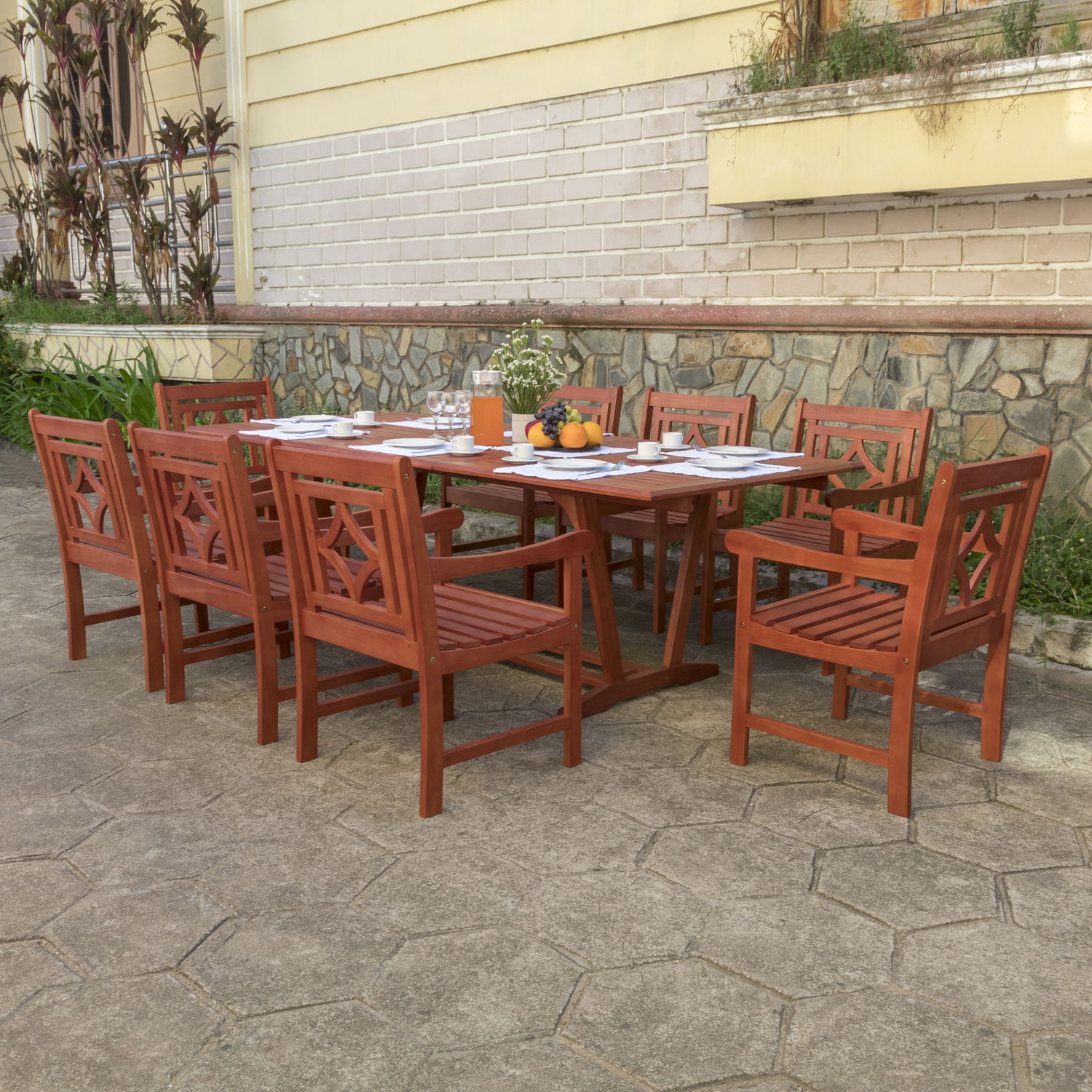 Malibu Outdoor 9-piece Wood Patio Extendable Table Dining Set