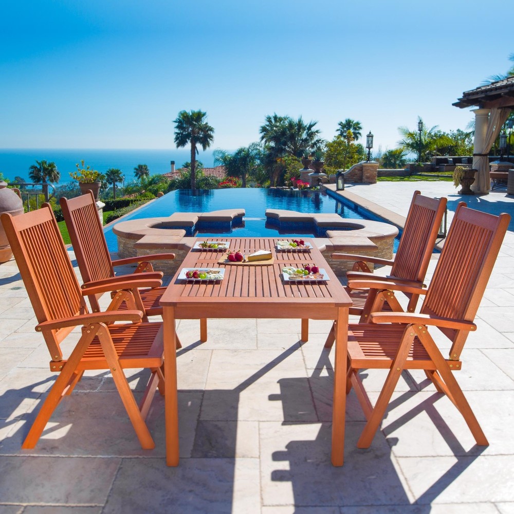 Malibu Outdoor 5-piece Wood Patio Dining Set with Reclining Chairs