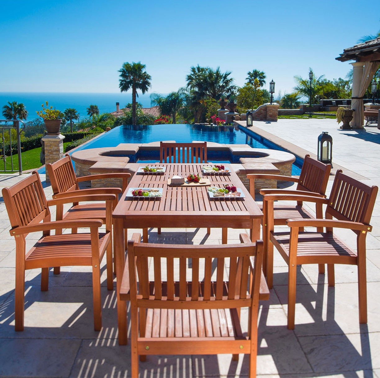 Malibu Outdoor 7-piece Wood Patio Dining Set with Stacking Chairs