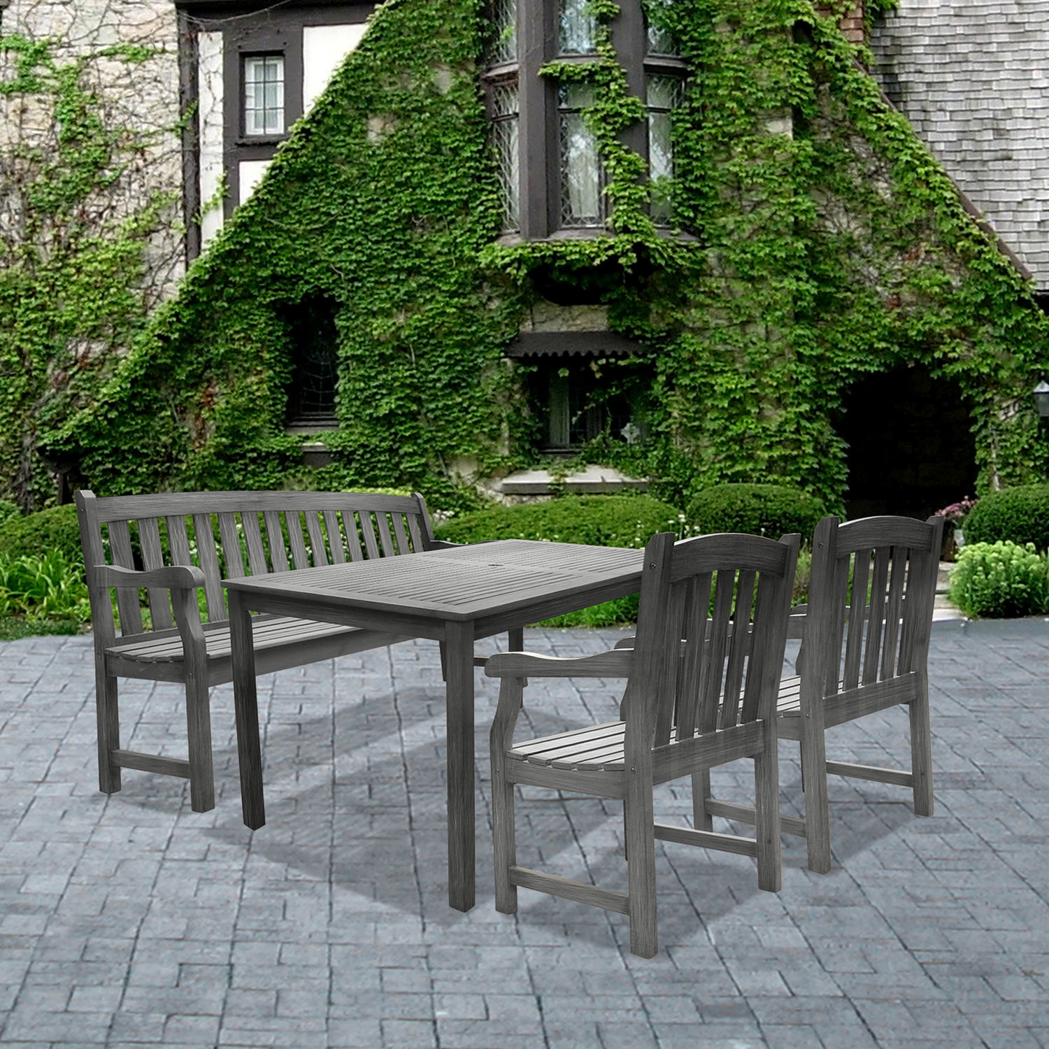 Renaissance Outdoor 4-piece Hand-scraped Wood Patio Dining Set with 5-foot Bench
