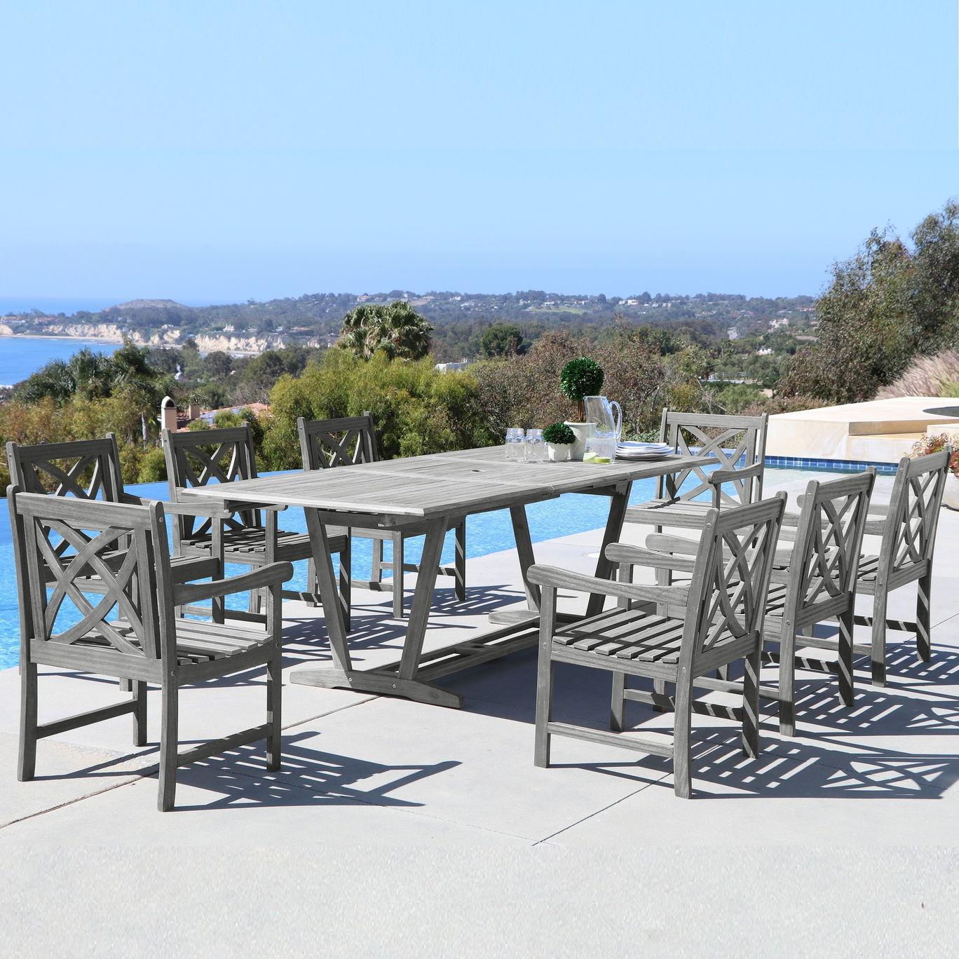 Renaissance Outdoor 9-piece Hand-scraped Wood Patio Dining Set with Extension Table