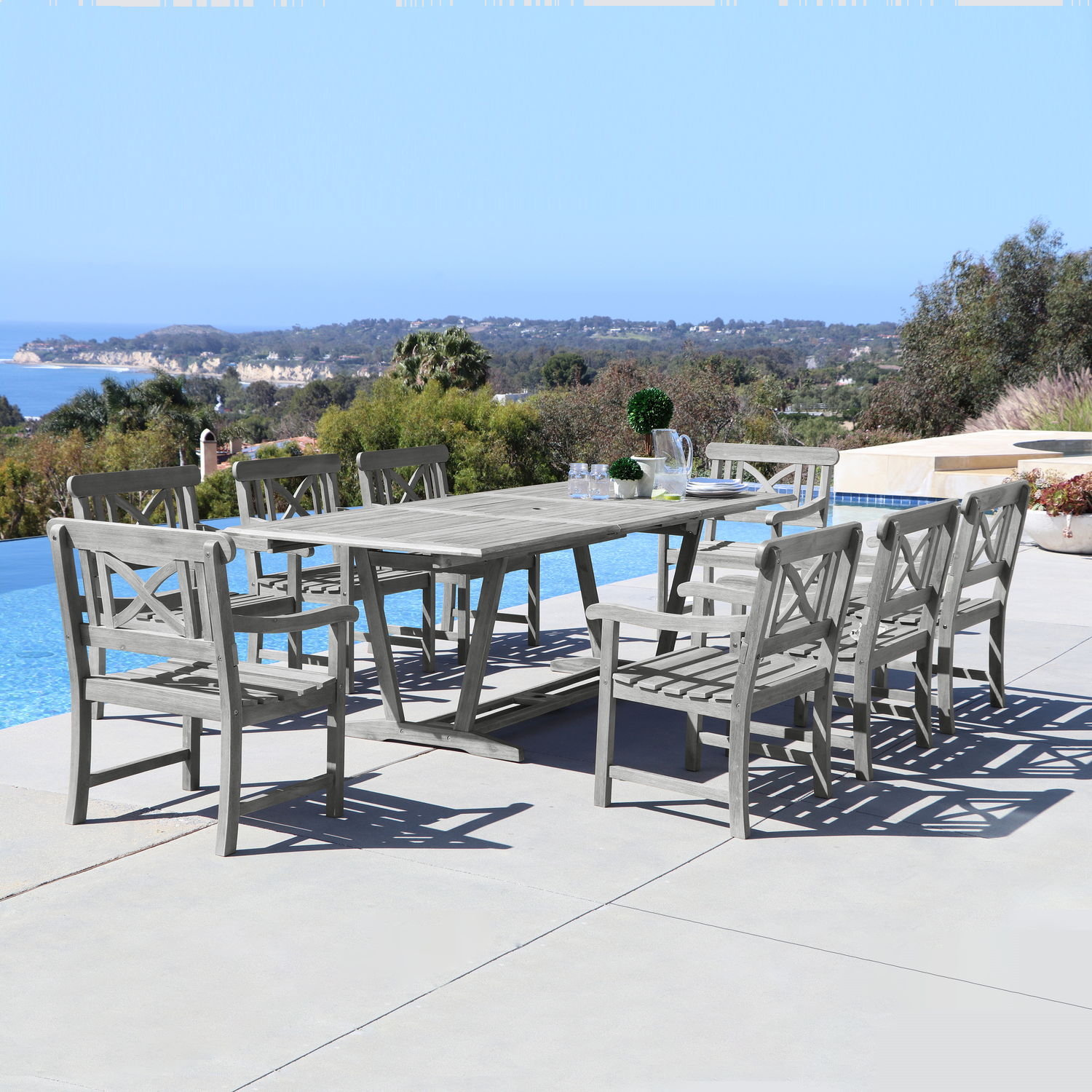 Renaissance Outdoor 9-piece Hand-scraped Wood Patio Dining Set with Extension Table