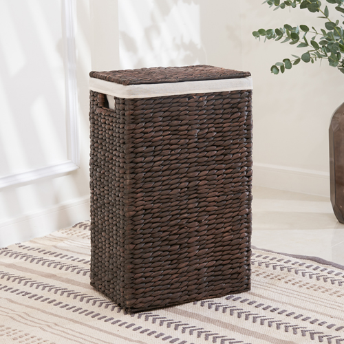 Leilani 13-Inch Rectangular Hand-woven Natural Water Hyacinth Lidded Storage Laundry Hamper Basket with Washable Polyester Liner