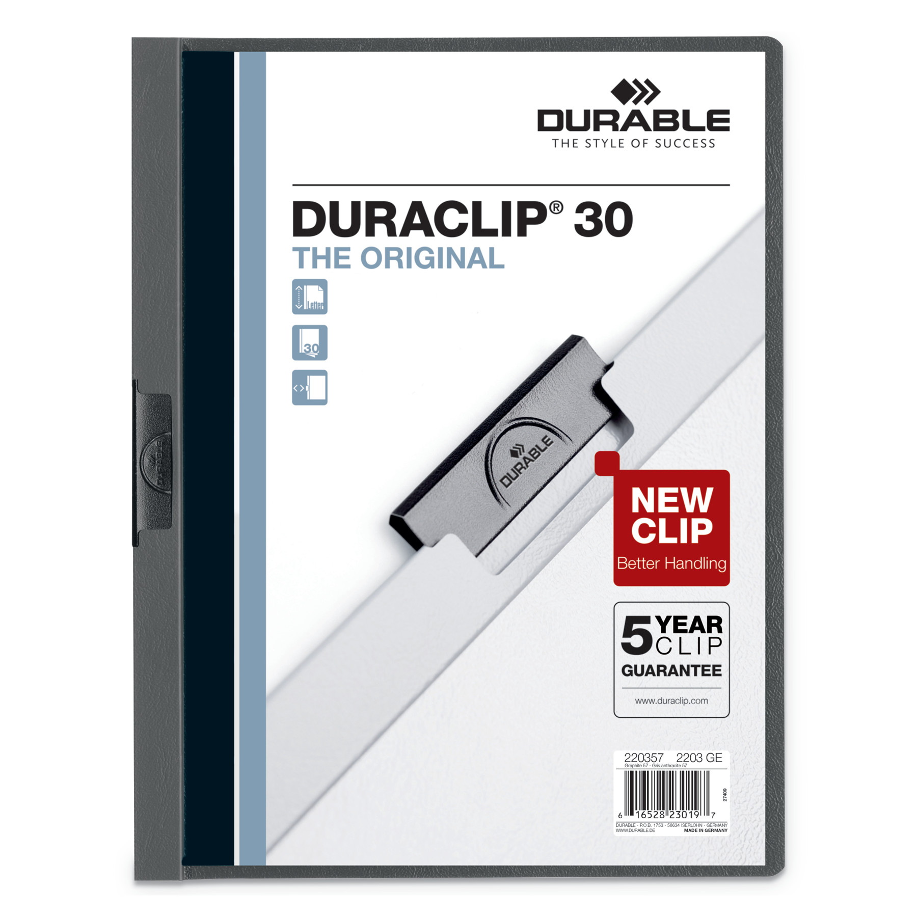 Vinyl DuraClip Report Cover, Letter, Holds 30 Pages, Clear/Graphite