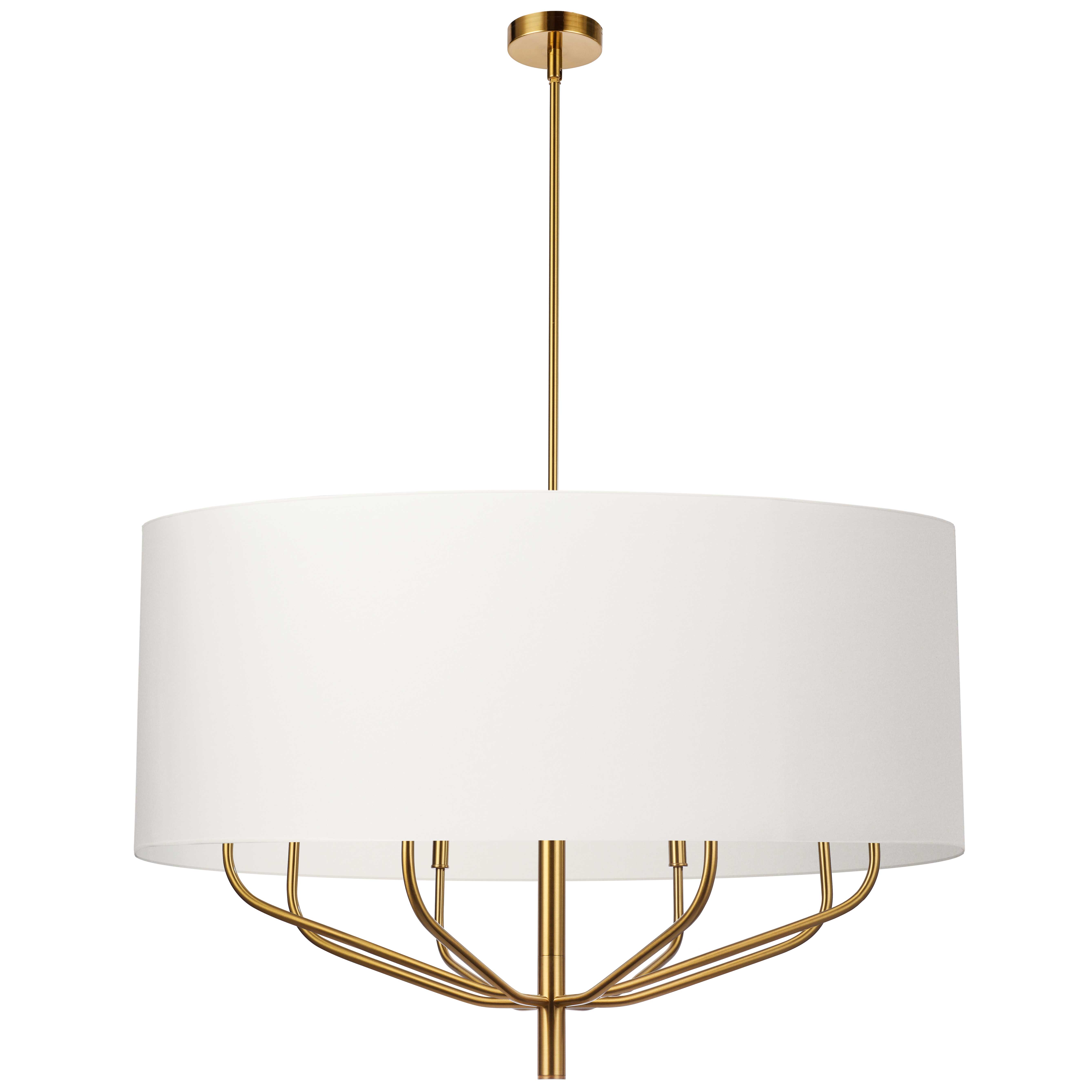 8 Light Incandescent Chandelier, Aged Brass with White Shade