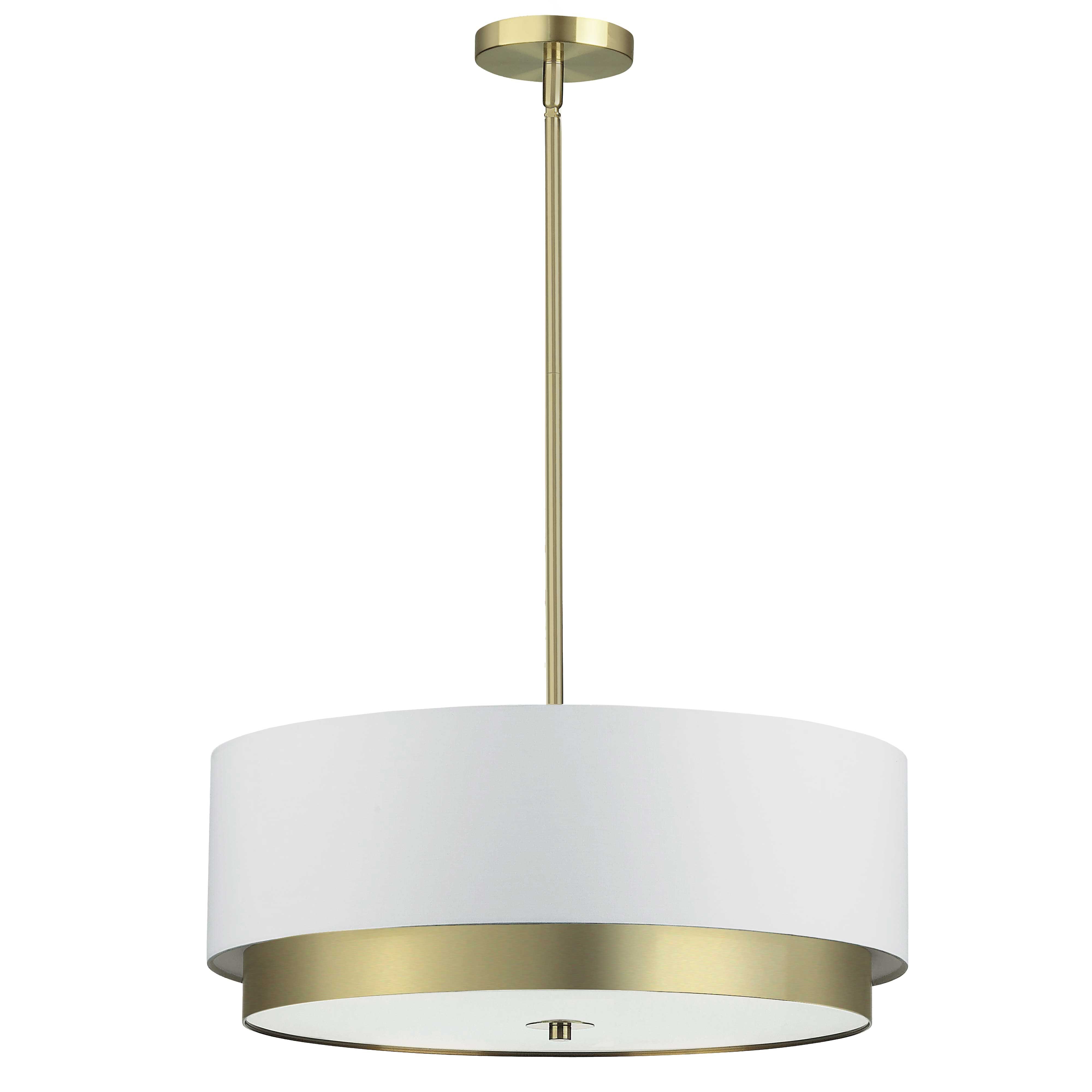4 Light Large Pendant, Aged Brass with White Shade, Frosted Glass Diffuser