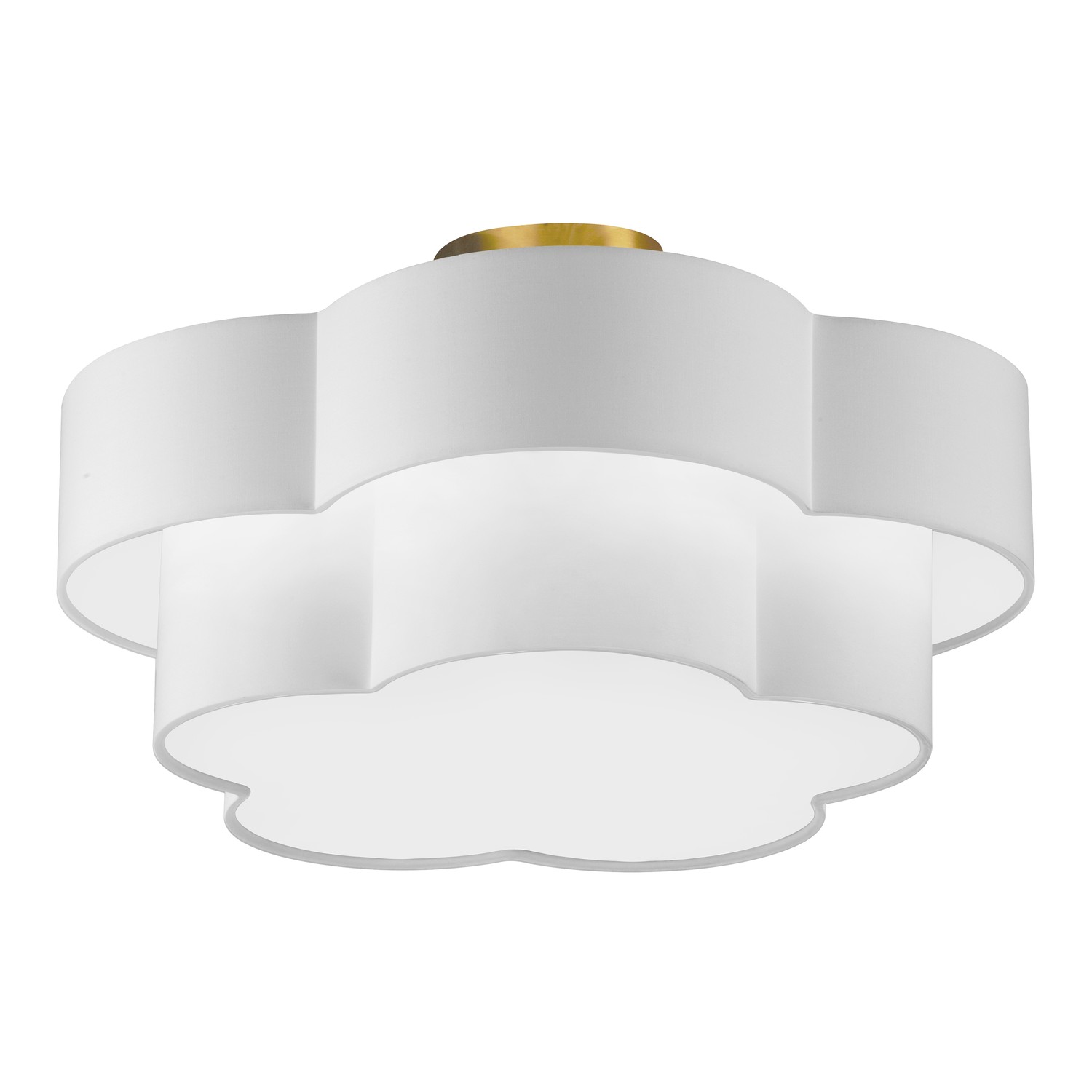 3 Light Incandescent Flush Mount, Aged Brass with White Shade