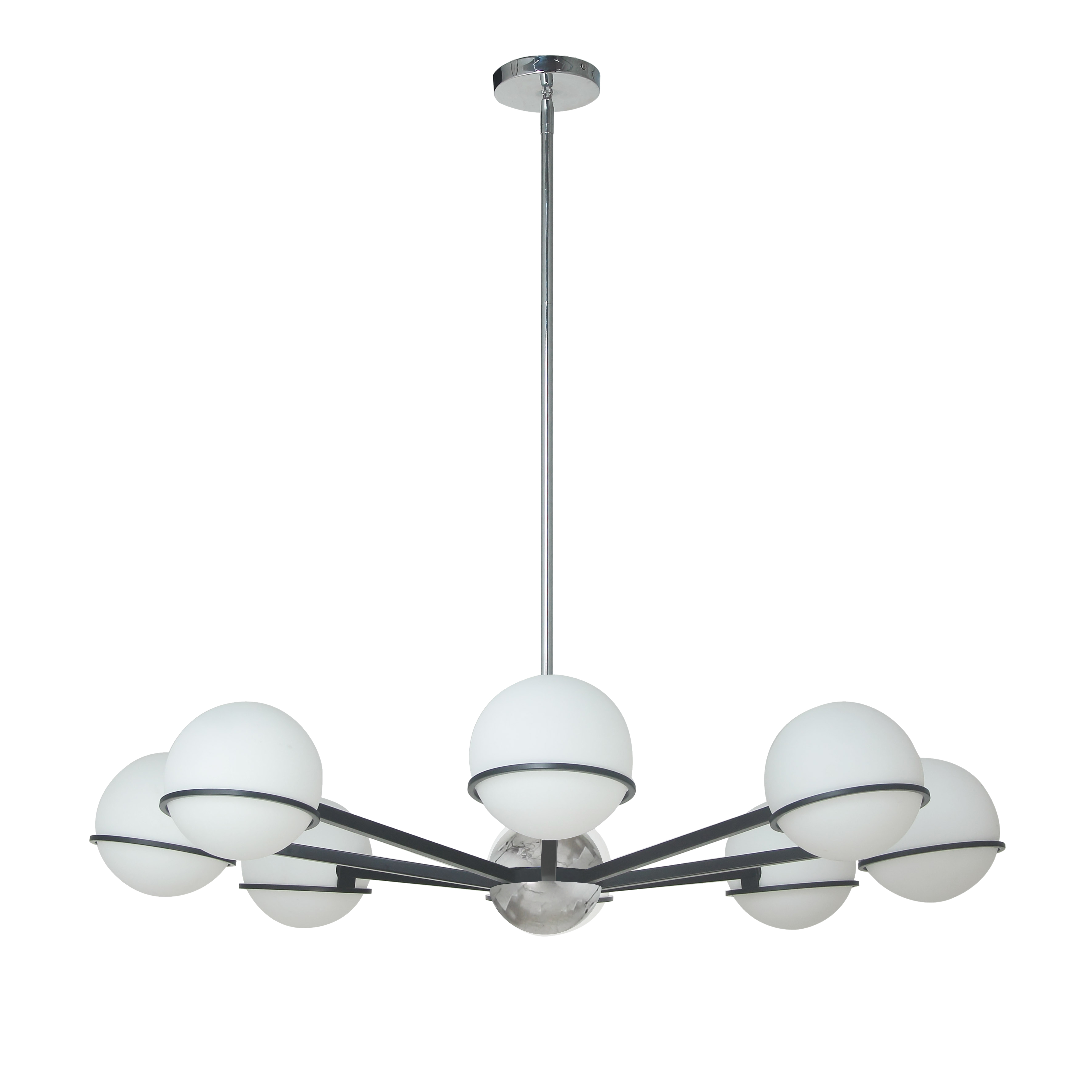 8 Light Halogen Chandelier, Matte Black / Polished Chrome  with White Opal Glass