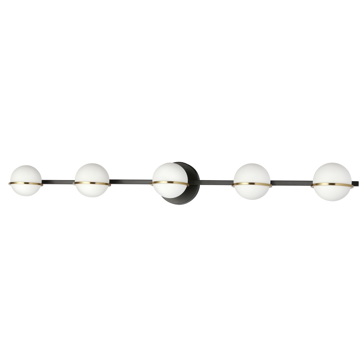 5 Light Halogen Vanity, Matte Black / Aged Brass with White Opal Glass