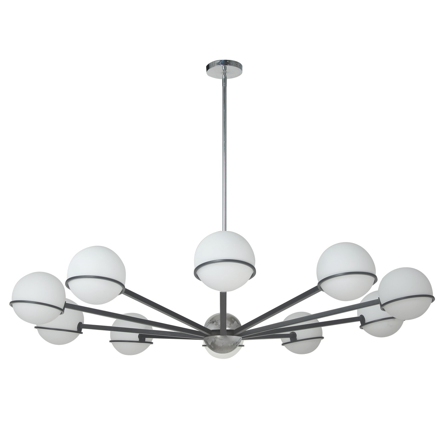 10 Light Halogen Chandelier, Matte Black / Polished Chrome  with White Opal Glass