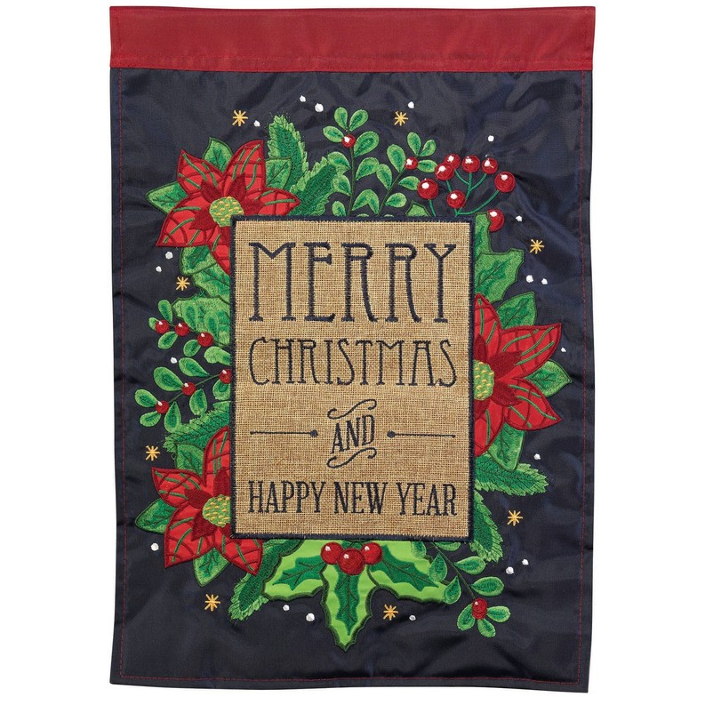 Merry Christmas/Happy New Year Poinsettia Burlap Garden Flag
