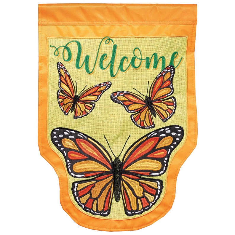 Monarch Butterfly Welcome House Flag Double Applique