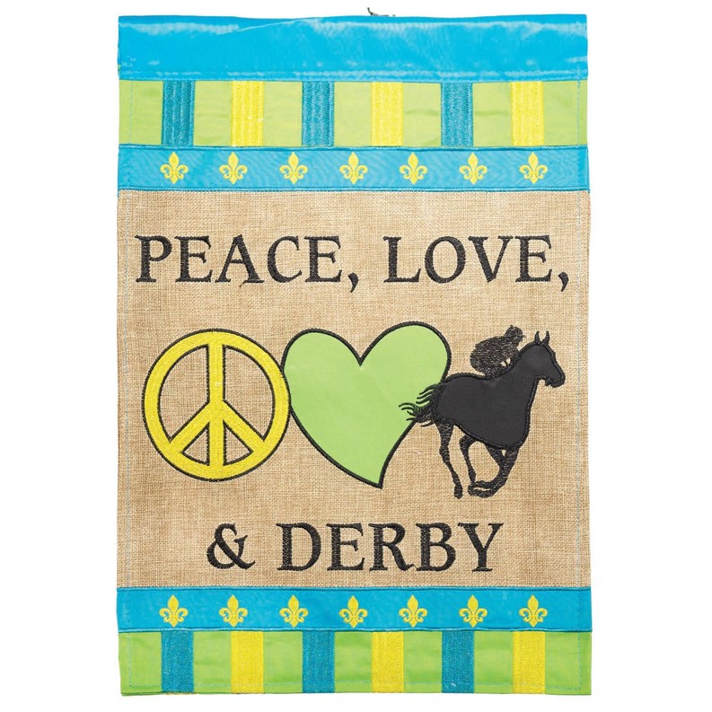 Peace Love & Derby Burlap House Flag Double Applique