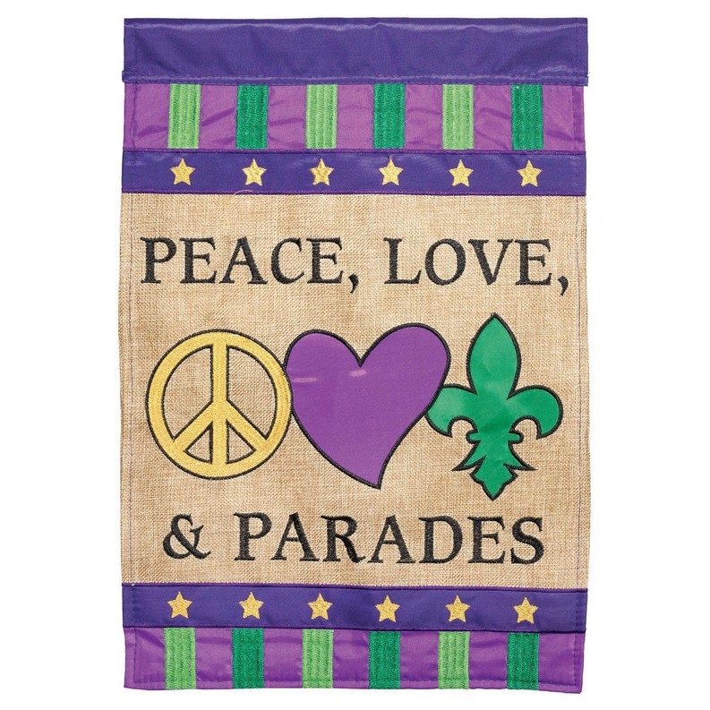 Peace Love And Parades Burlap Garden Flag