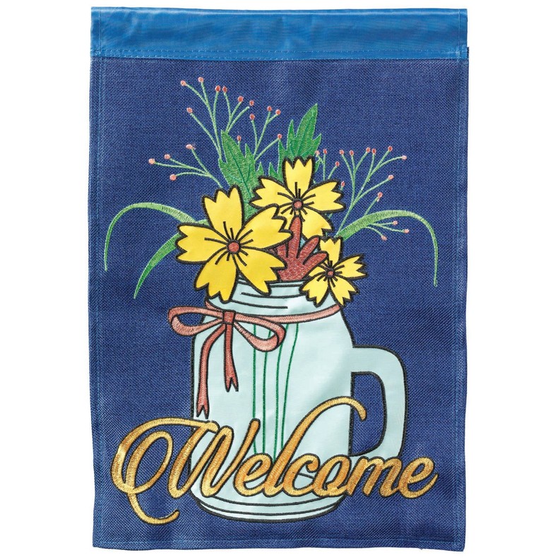 Welcome Flowers In Jar Burlap Flag
