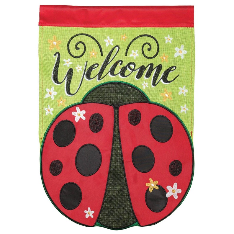 Welcome Ladybug Shaped Burlap Double Applique Garden Flag