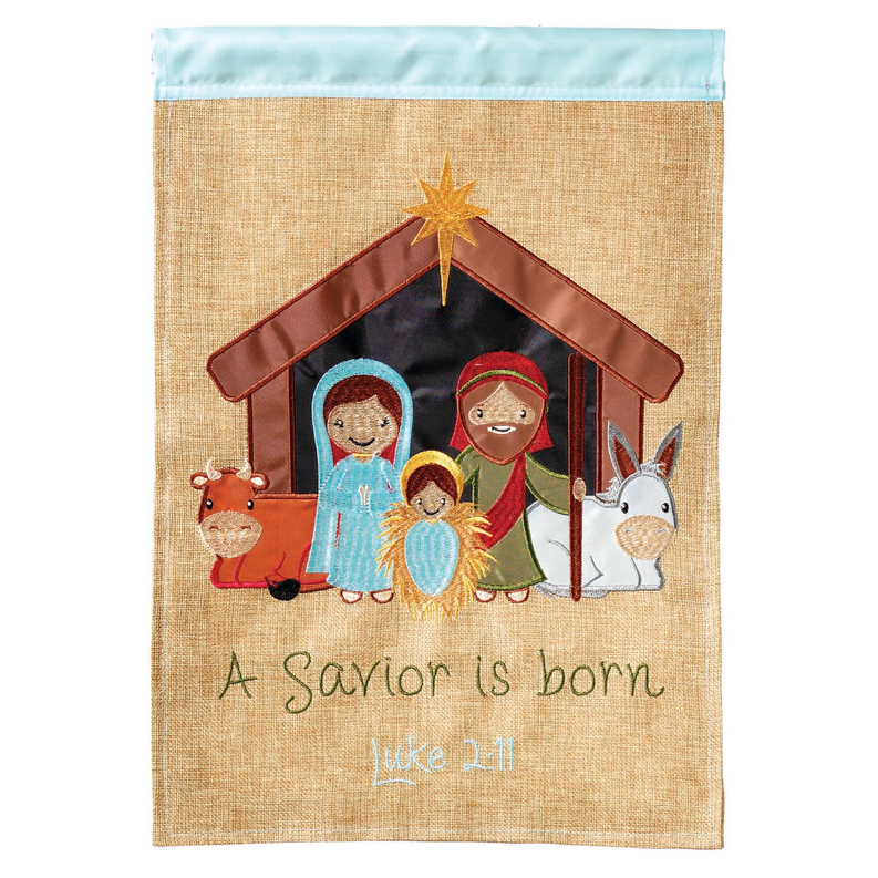 Nativity In Creche Burlap Flag