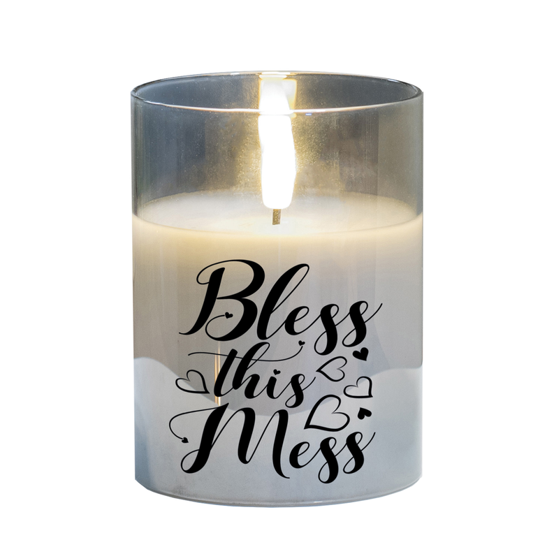LED Candle Bless This Mess 4in Grey