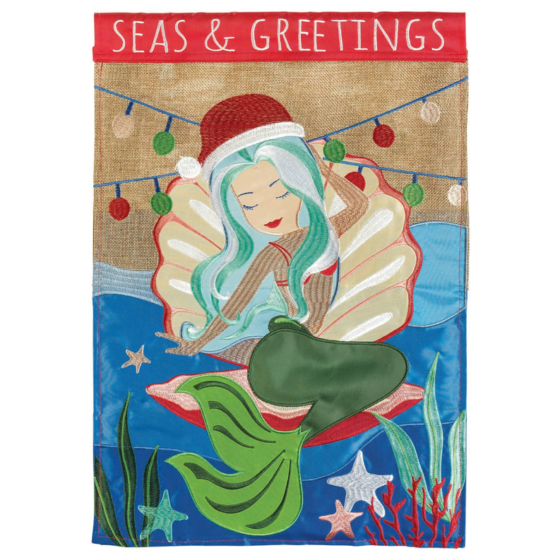 Mermaid Seas & Greetings Burlap Double Applique Garden Flag